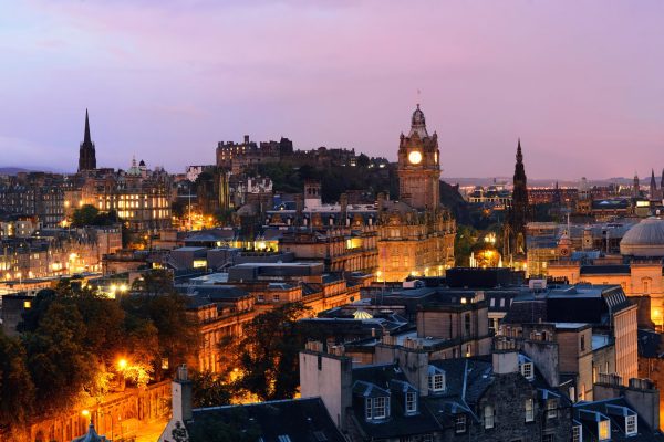 Edinburgh city view panorama at night in UK.